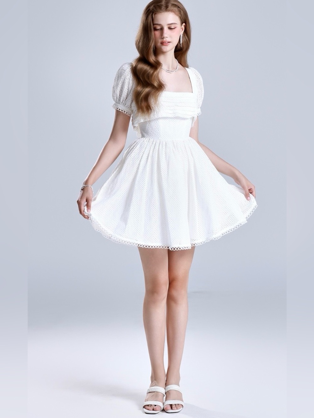 Amourelle Julie white embroidered puff sleeve mini dress
